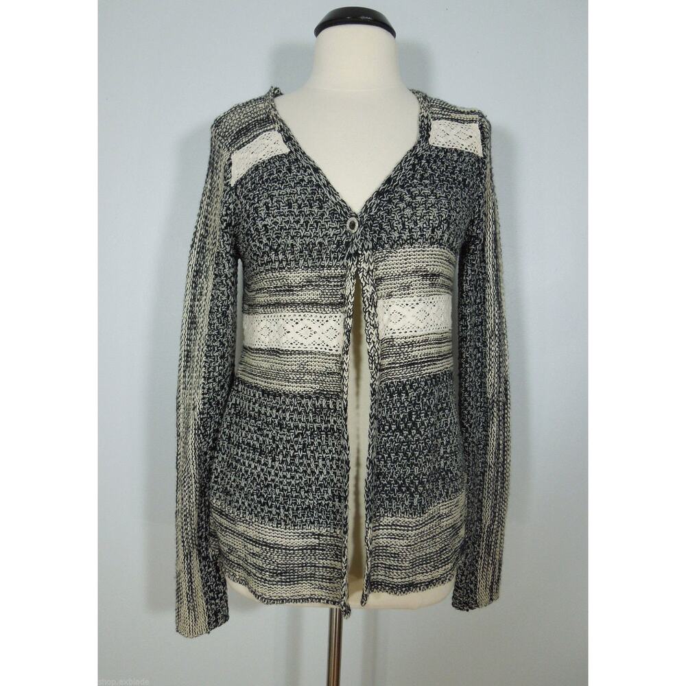MYSTREE Knit Cardigan Sweater L LARGE Womens Lace Embellished Black Creme
